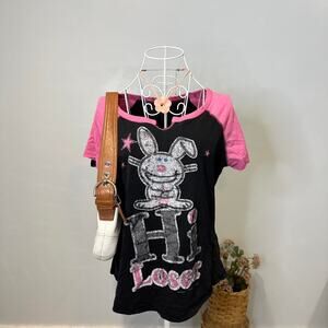 Vintage y2k happy bunny sparkly pink & black graphic ‘hi loser’ top